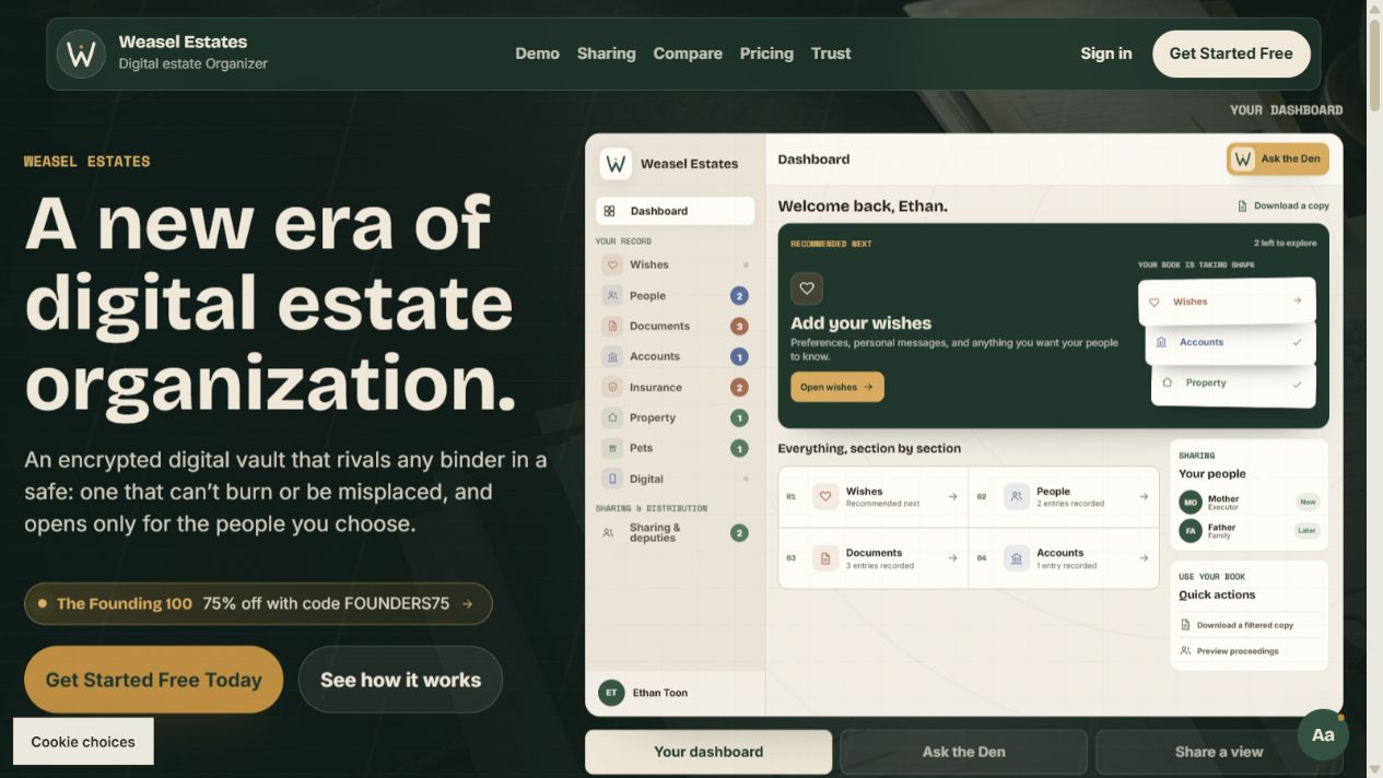Weasel Estates dashboard with organized life information